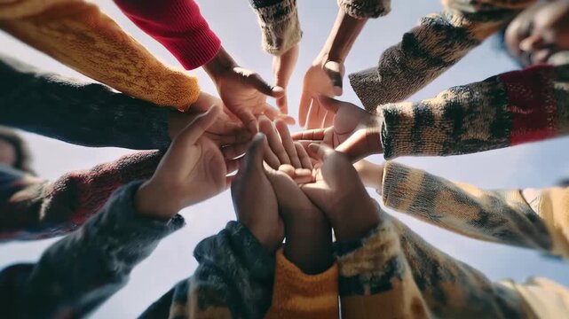 Support group forms a circle of hands to promote unity and connection among community members in outdoor setting