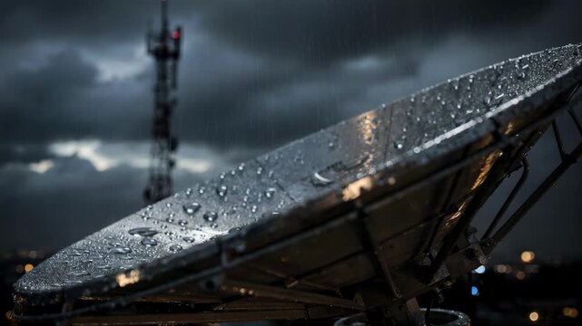Focused view on a parabolic microwave dish catching raindrops illuminated by subtle studio lights with a softly blurred transmitter tower standing tall under a cloudy night sky.