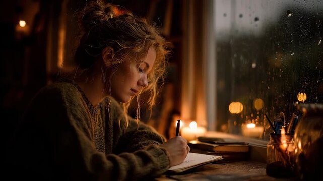 Woman writes in journal by candlelight during rainy day inside a cozy room