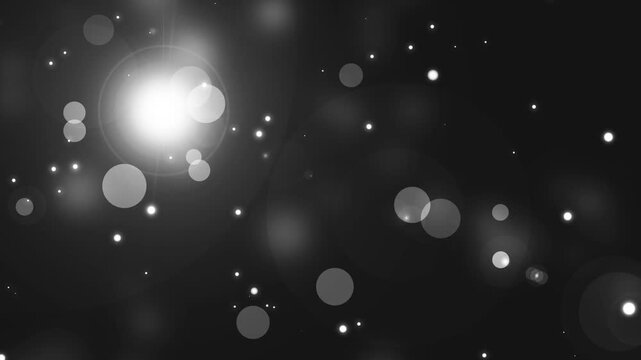 Bokeh light background animation, bright lens flare and scattered glowing orbs, soft foggy light and small star-like points