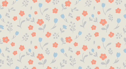 Fototapeta premium Minimalist_Coral_and_Blue_Floral_with_Berry_Seamless_Pattern