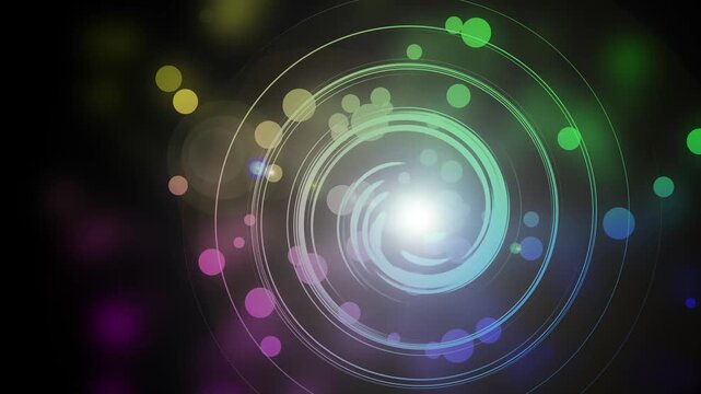 Colorful light vortex with bokeh background animation, Bright swirling light vortex at center with concentric rings and colorful bokeh dots