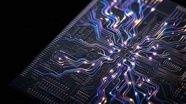 Extreme macro photograph of a neuromorphic computer chip simulating brain synapses with glowing neural pathways etched into dark silicon.