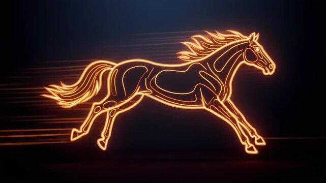 Glowing horse outline galloping dynamically through dark background with vibrant light effects