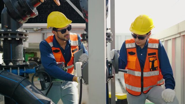 Two industrial workers in safety gear and hard hats inspecting and operating large valves on a factory cooling system. Professional male and female engineers performing maintenance on water pipes.