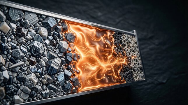 Extreme macro shot of a solid-state battery cross-section revealing crystalline structures and liquid metal layers pulsating with energy.