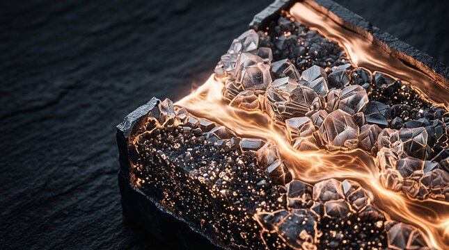 Extreme macro shot of a solid-state battery cross-section revealing crystalline structures and liquid metal layers pulsating with energy.