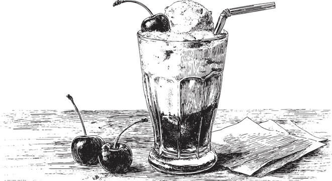 This is a vector illustration of a retro diner milkshake, served in a tall glass with a straw and a cherry on top.