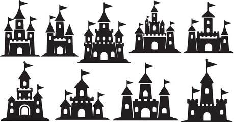 Obraz premium Collection of black silhouette sand castle illustrations on white