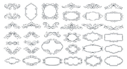 Obraz premium Vintage ornamental flourishes and filigree frame elements set for luxury wedding invitation and classical border design