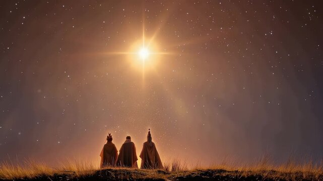 Figures of three wise men walk under a bright star on a clear night in a quiet field far from the city lights