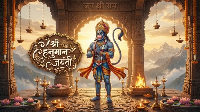 Happy Hanuman Jayanti Greeting, God Hanuman Background Design. A Hindu festival celebrated of lord hanuman birthday. English Translation - Happy Hanuman jayanti