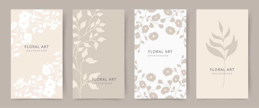 Floral cards in neutral pastel beige tones. Minimal vector illustration for banner, poster, card, social media, graphic and web design, advertising