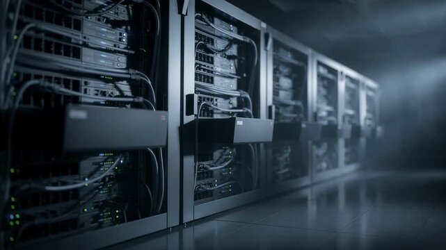 Medium shot of a virtualized broadcast hub with servers in sharp focus ambient blue lighting casting a futuristic glow on sleek softwaredefined encoding units.