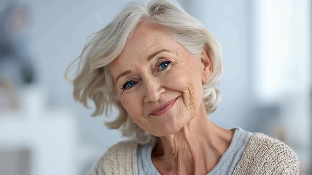 Senior woman smiles with new dental implants in bright room during daytime while enjoying her new look and comfort