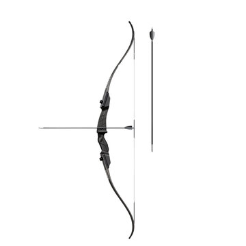 A black compound bow and arrow.