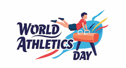 Gymnast jumping over vaulting horse in dynamic colorful illustration for World Athletics Day © Any