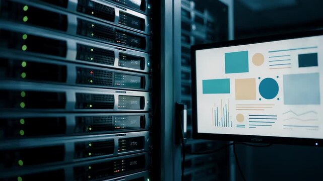 Medium shot of a sleek datacenter rack with virtualized radio playout servers softly blurred in front highlighting sharp software interface visuals on the main monitor.