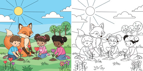 Obraz premium Cute cartoon children and a friendly fox planting heart-shaped flowers in a sunny garden, happy kids