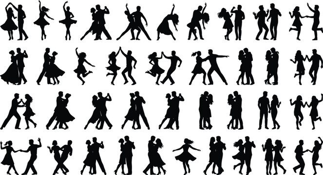Comprehensive black vector silhouette collection of romantic couples dancing different styles including ballroom tango salsa and ballet isolated on a white background design