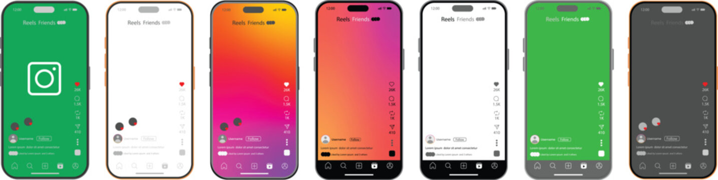 Instagram 2026 reels post engagement with comment share buttons. Instagram reels green and black, white, color screen overlay. Instagram Reels Story mockup template frame with iPhone 17 pro Max mock u