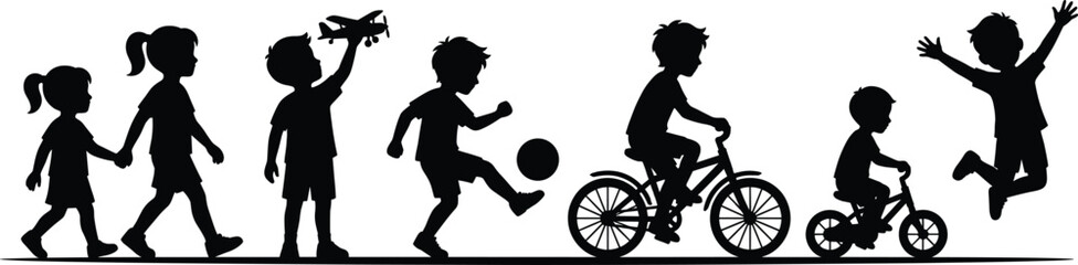 Fototapeta premium Black silhouette of happy children playing soccer riding bicycles and flying toy airplane isolated on white background for childhood and summer fun