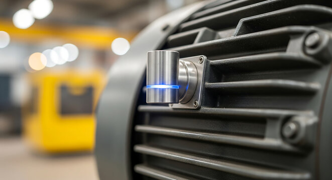 Close-up of Industrial Motor Sensor with Glowing Blue Status Light in Factory