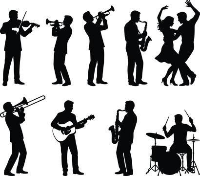 Set of Jazz Band Musicians Silhouettes Playing Musical Instruments and Couple Dancing Together Isolated on White Background for Live Music Concert and Party