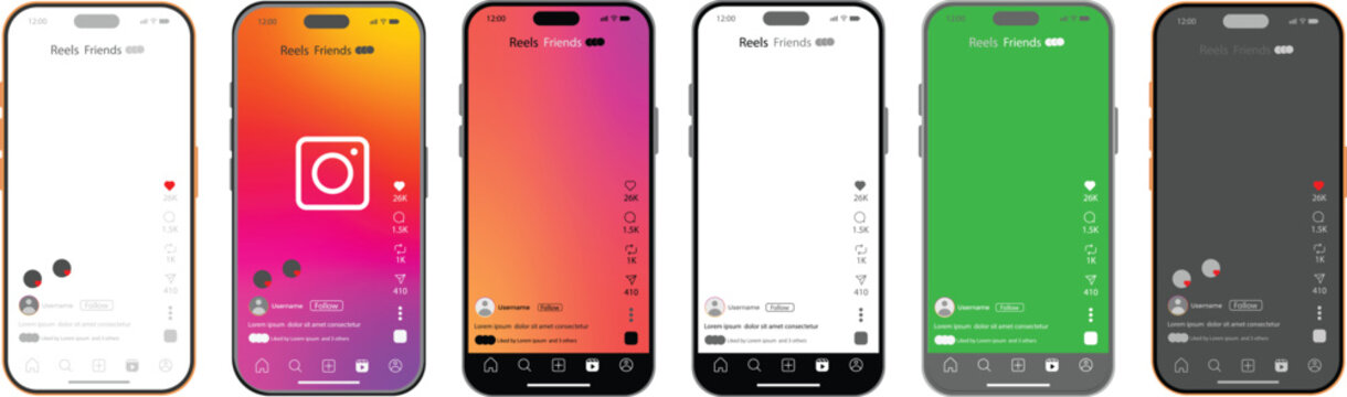 Instagram 2026 reels post engagement with comment share buttons. Instagram reels green and black, white, color screen overlay. Instagram Reels Story mockup template frame with iPhone 17 pro Max mock u