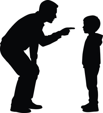 Silhouette of Father Scolding or Disciplining His Son Pointing Finger as Child Listens Expressing Conflict Parenting Challenges Strict Education and Family Communication Issues