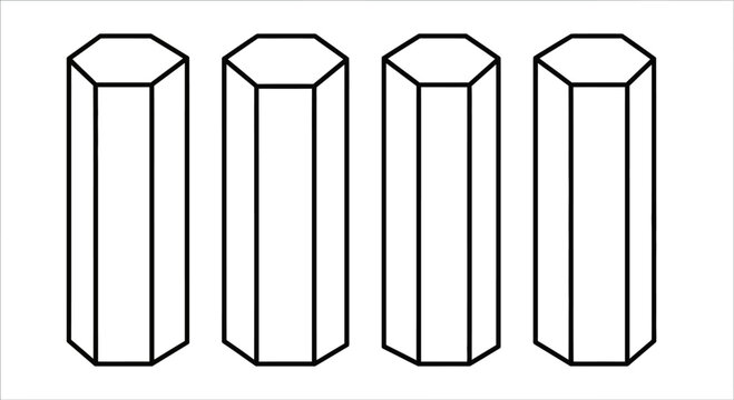 Four Hexagonal Prisms Standing Vertically on White Background