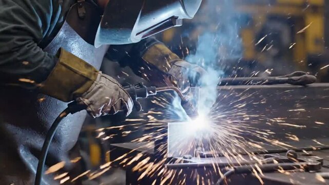 Metalworker performing MIG welding on a steel beam, creating sparks and smoke in a workshop environment