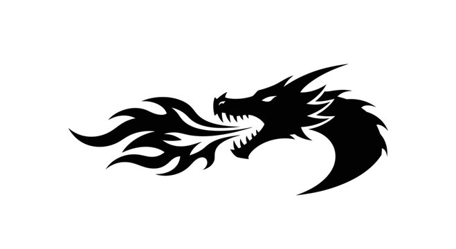 Black Dragon Head Silhouette Breathing Fire, Mythical Creature, Fantasy Art