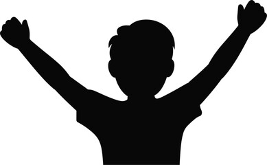 Happy boy silhouette with arms raised in victory, celebrating success and childhood joy, isolated vector illustration