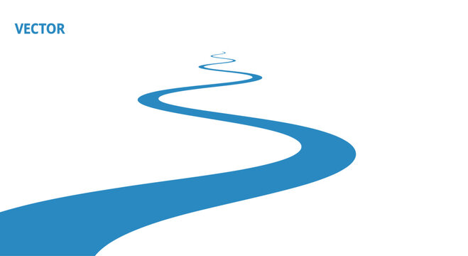 Winding Blue River Path Flowing Through White Space - Abstract Vector Illustration