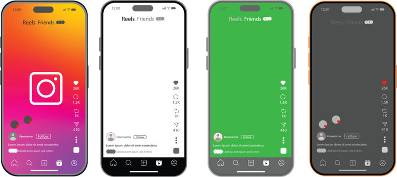 Instagram 2026 mockup. Instagram 2026 reels post story engagement elements. new update instagram reels mock up. Instagram reels green and black, white, color screen overlay. Instagram new update templ