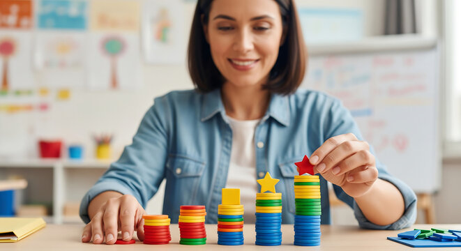 Close-up of teacher adding red star to colorful stack of educational counting blocks