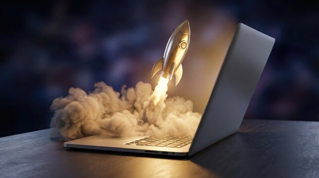 A conceptual image of a rocket launching from a laptop symbolizing fast startup and digital transformation