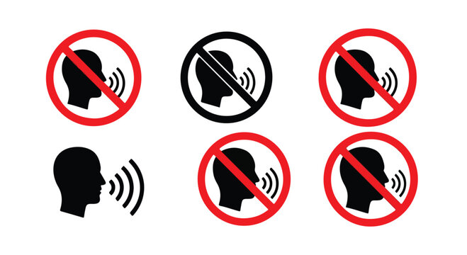 Graphic illustration of five no talking signs with human head silhouettes and sound waves on a white background.