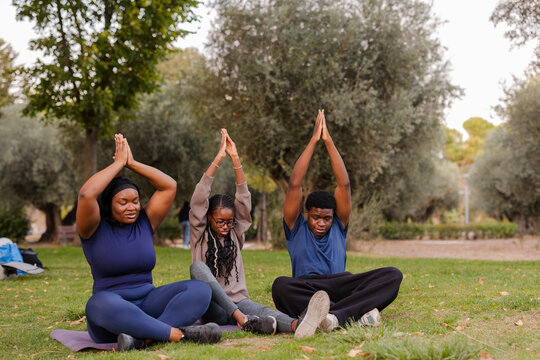 Group meditation session in a serene outdoor park setting