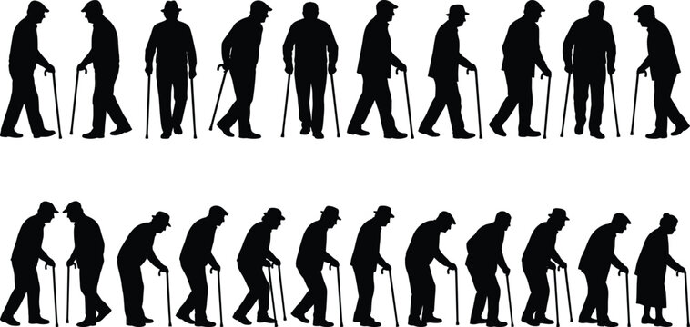 Set of elderly people silhouettes walking with cane showing aging stages senior mobility old age posture changes isolated on white background illustration