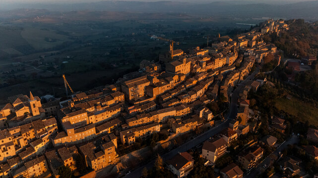 Aerial view of Cingoli at sunset in central Italy