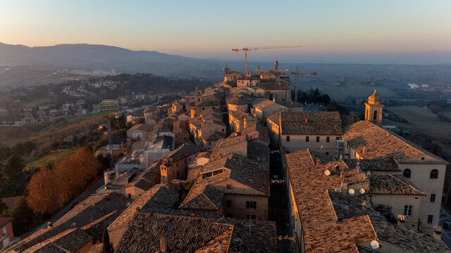 Drone view of Cingoli town at sunset in Italy