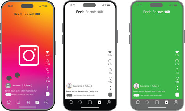 Instagram 2026 mockup. Instagram 2026 reels post story engagement elements. new update instagram reels mock up. Instagram reels green and black, white, color screen overlay. Instagram new update templ