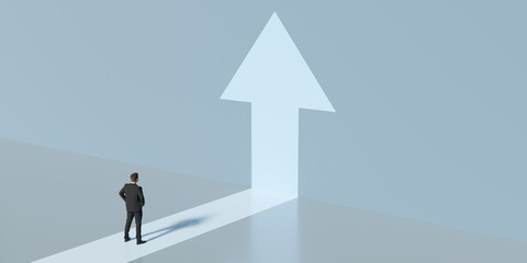 Obraz premium Business man facing arrow rising up on a wall, career, achievement or success concept on blue background