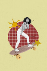 Fototapeta premium Vertical contemporary photo collage of happy girl ride longboard summer sunny weather activity hipster hobby skate-park fun