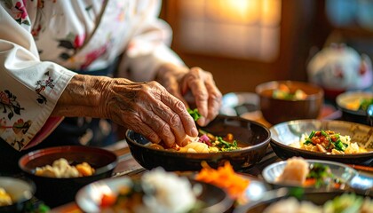 和服を着た高齢女性が手作り料理を丁寧に盛り付ける食卓シーン