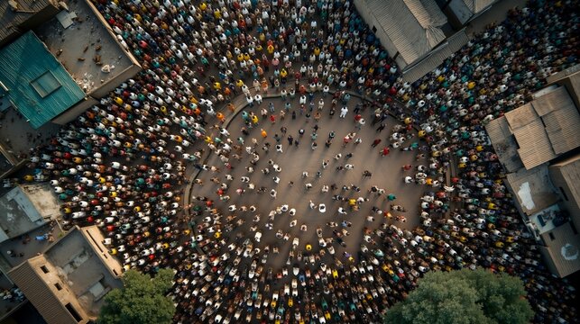 A large group of people standing in a circle in the middle of a city