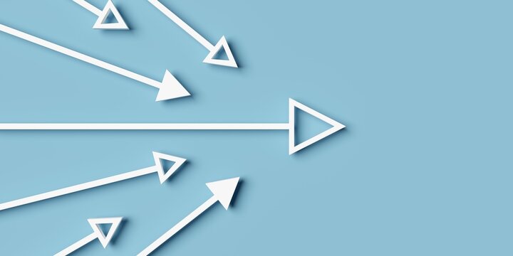 Group of filled and outlined white arrows givimg direction, business team leadership or direction concept with copy space