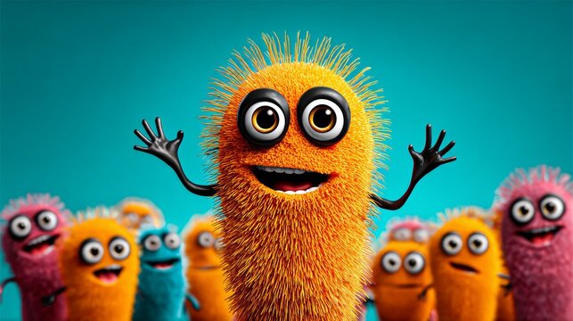 Colorful cartoon characters with fuzzy textures and large eyes, featuring a central orange character with arms raised, surrounded by various other vibrant characters